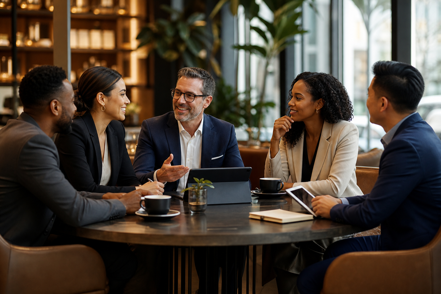 Founders and CEOs seated around a coffee table in a premium meeting space, exchanging ideas