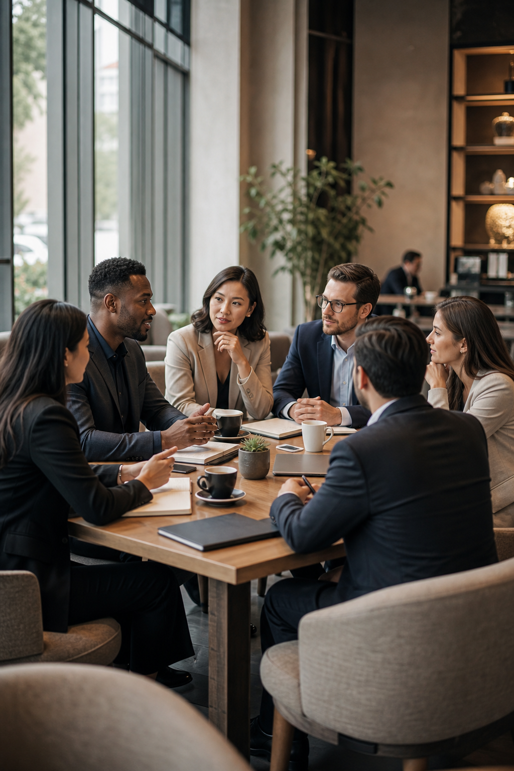 Founders and CEOs in a refined coffee meetup discussion around a modern table