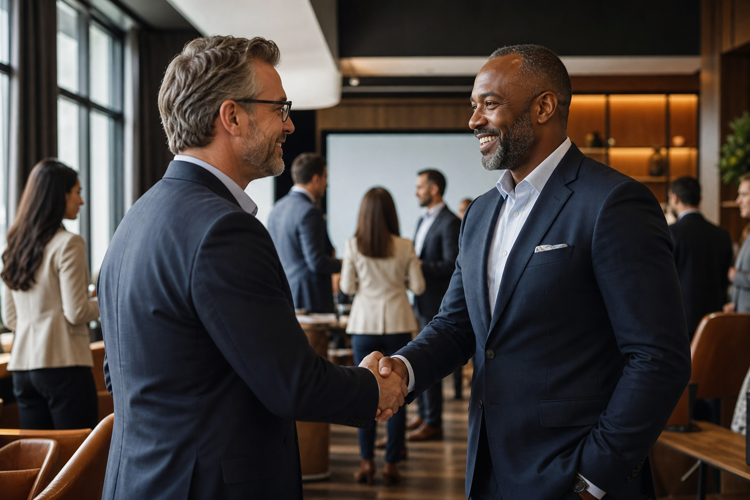 Two business leaders in a polished networking setting discussing strategic partnership opportunities