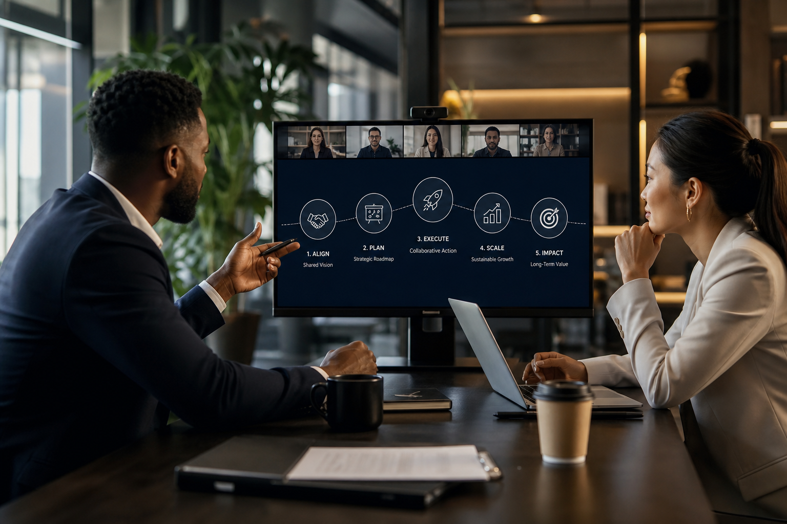 Two founders presenting a partnership roadmap in a virtual boardroom with clean business visuals