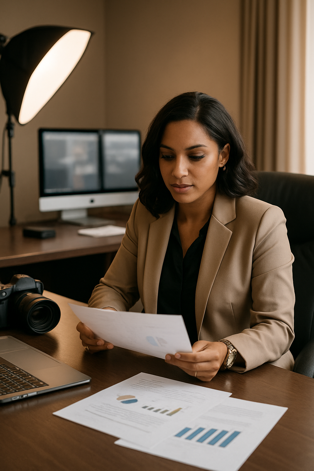 Executive production environment with a strategist reviewing media plans beside a camera setup and studio monitors