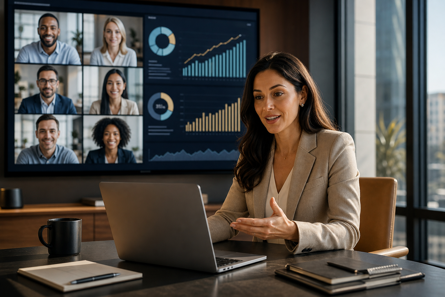 Executive presenting revenue strategy on a live video webinar with analytics visible on screen