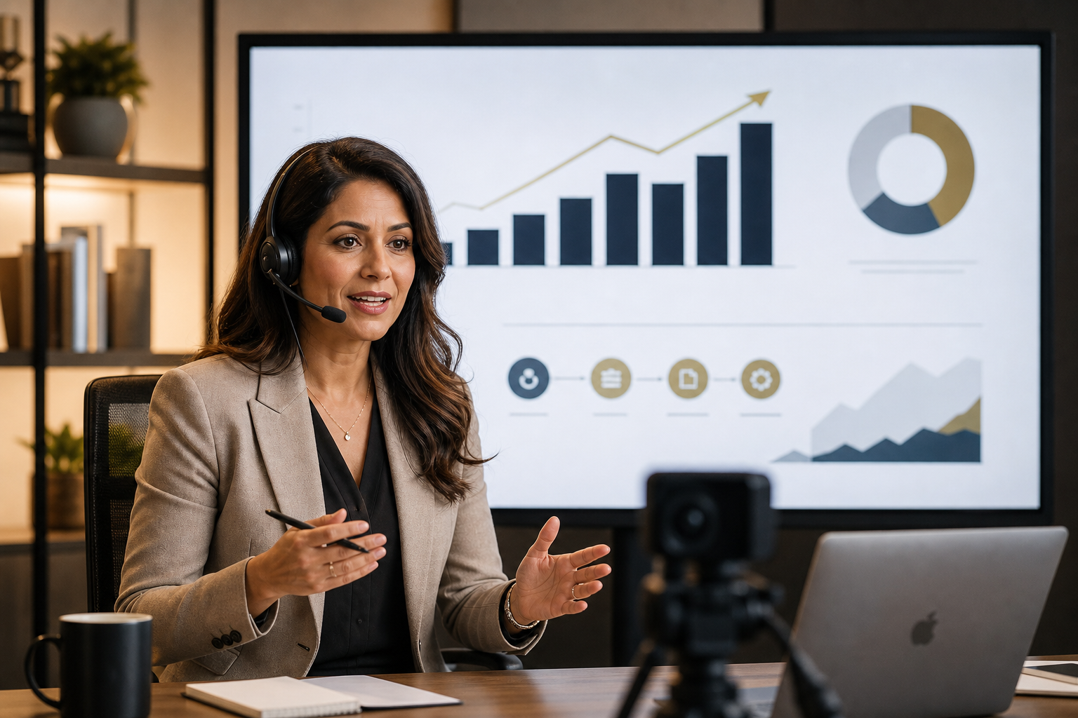 Professional webinar host presenting revenue growth framework on a large screen during a live virtual session