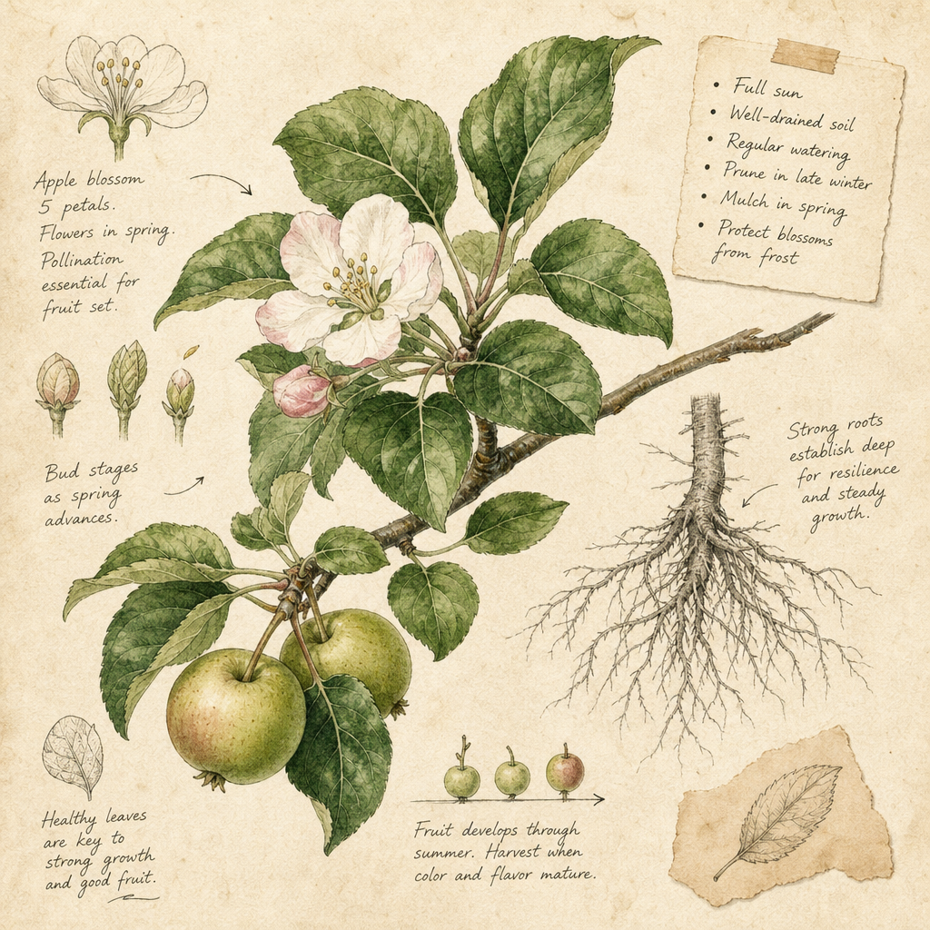 Hand-drawn botanical notebook illustration of an apple branch with blossom, leaf notes, and root sketch on textured paper