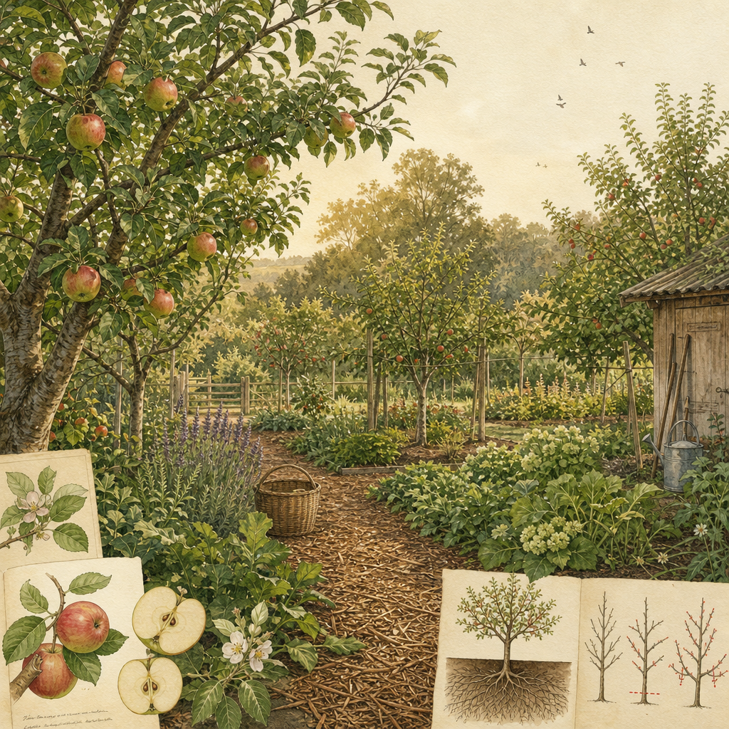 Editorial-style view of a small home orchard with apple trees, mulched soil paths, and gardeners tending plants in warm morning light
