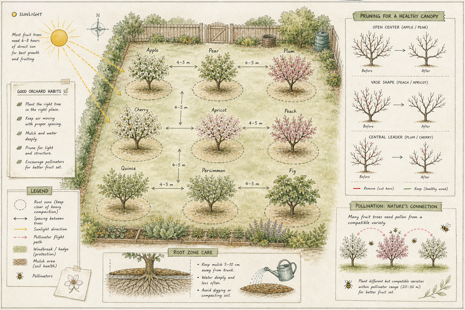 Hand-drawn orchard education plate showing tree spacing grid, sun direction, root spread circles, pruning canopy shapes, and pollination arrows between flowering fruit trees