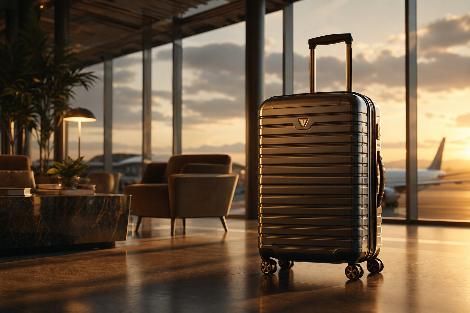 Cinematic luxury travel scene with a premium hard-shell suitcase set in a modern terminal lounge at golden hour
