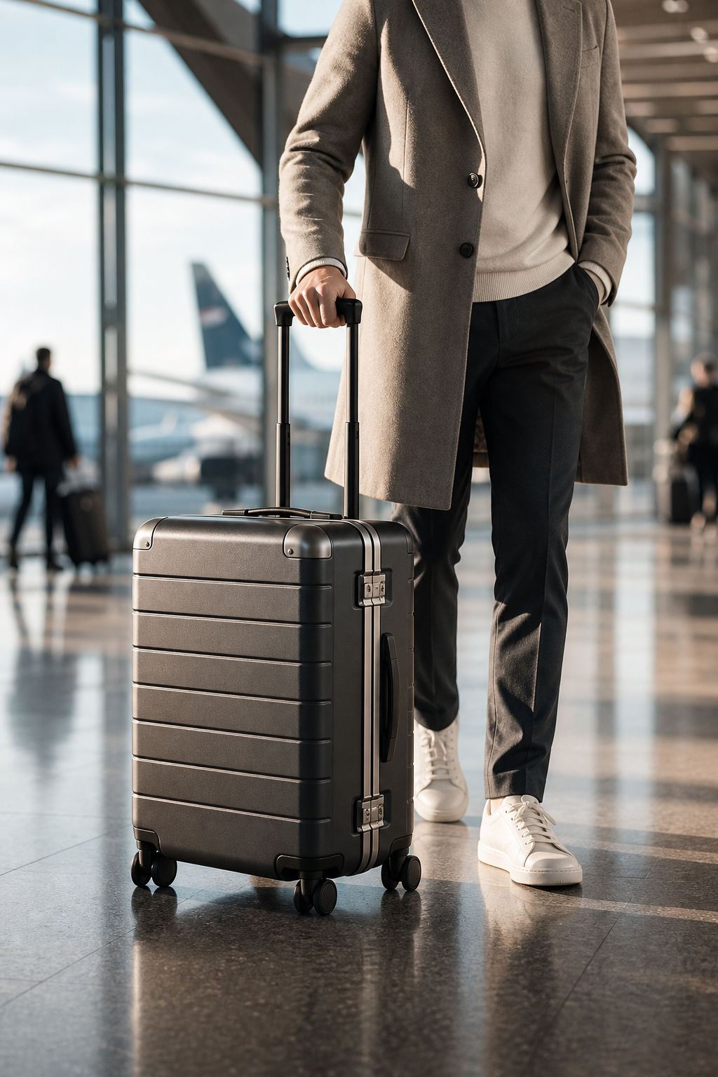 Close-up premium travel scene detail showing a modern traveler guiding a matte hard-shell suitcase through a polished airport concourse