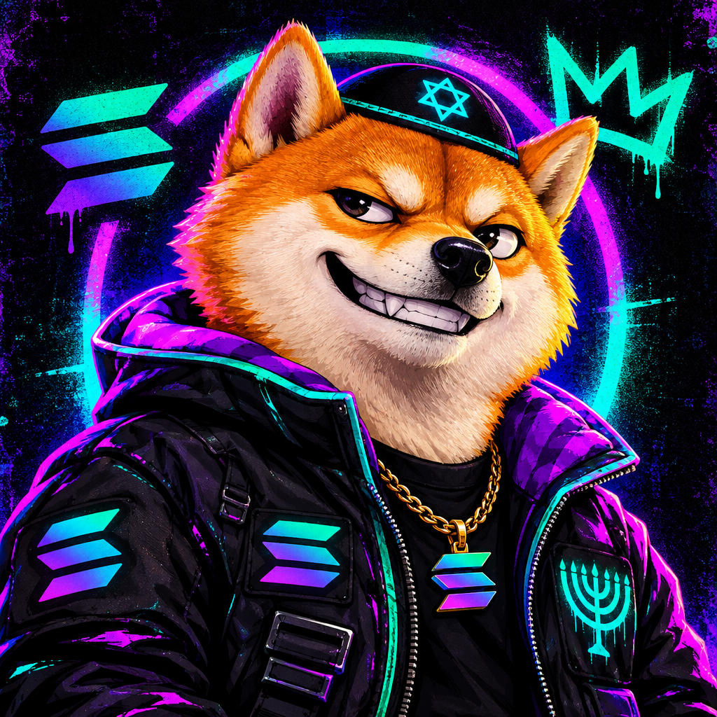 Small punk-style Shiba meme avatar with confident grin, neon yarmulke, and chaotic Solana-themed streetwear