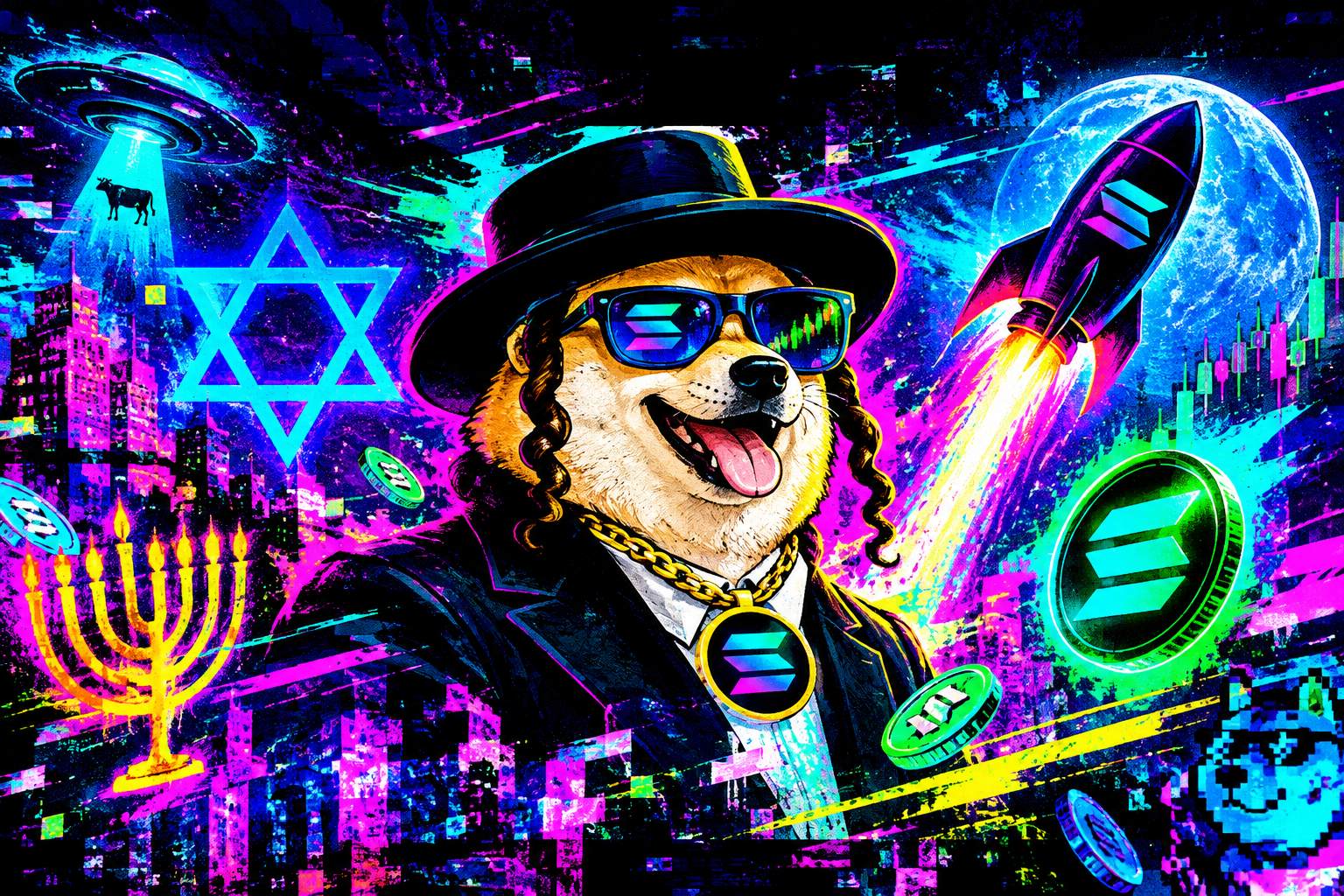 Wide neon web-punk banner artwork area for Jewish Inu launch visual