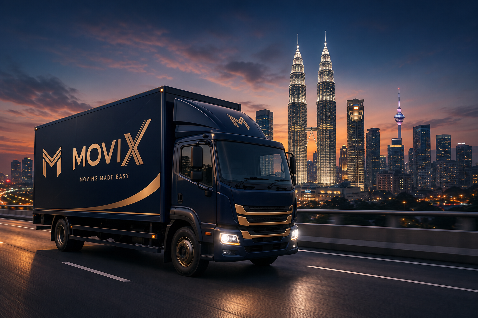 Premium MOVIX moving truck driving on a Malaysian highway with the Kuala Lumpur skyline in the background