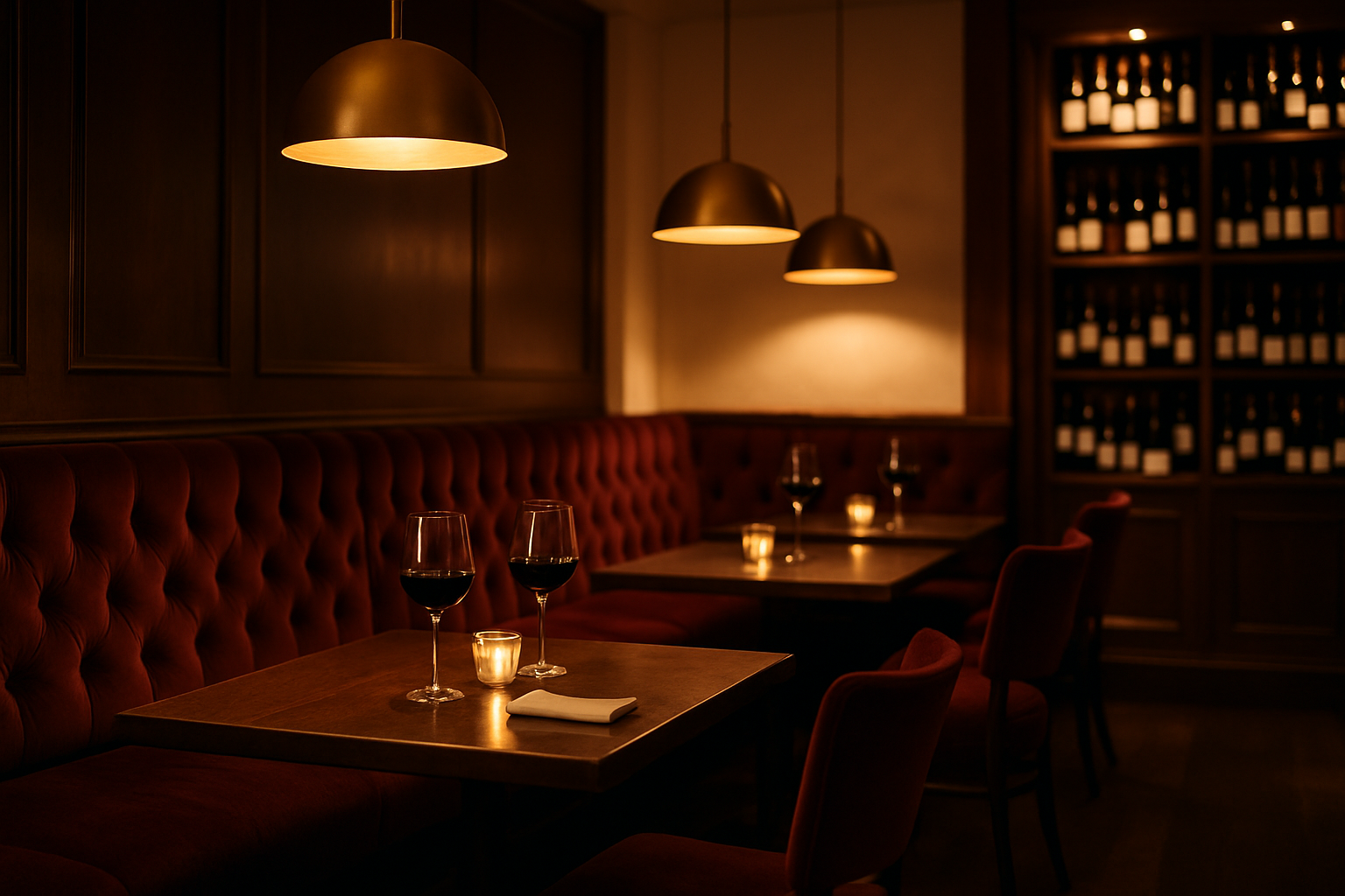 Candlelit wine bar interior with velvet seating