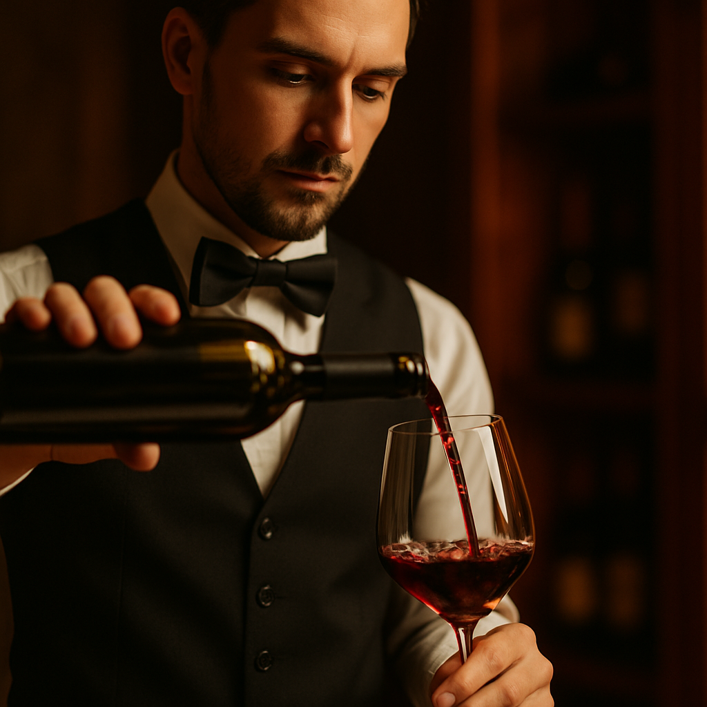 Sommelier pouring red wine into crystal glass