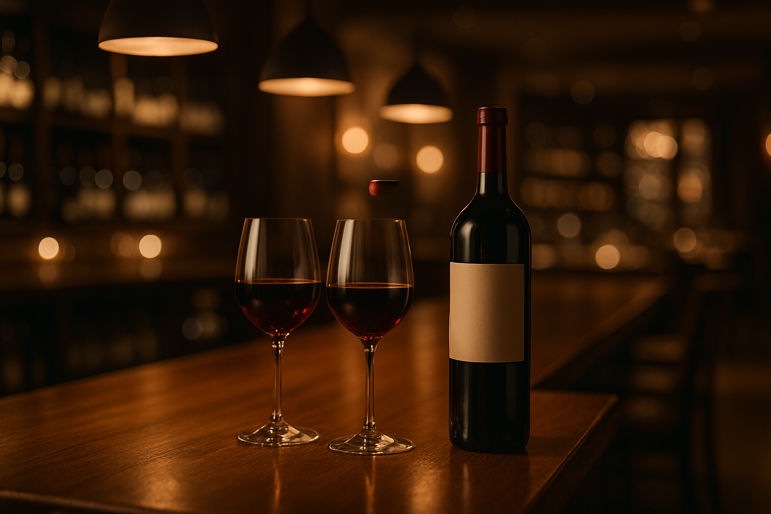 Elegant wine bar ambiance with glasses and bottle