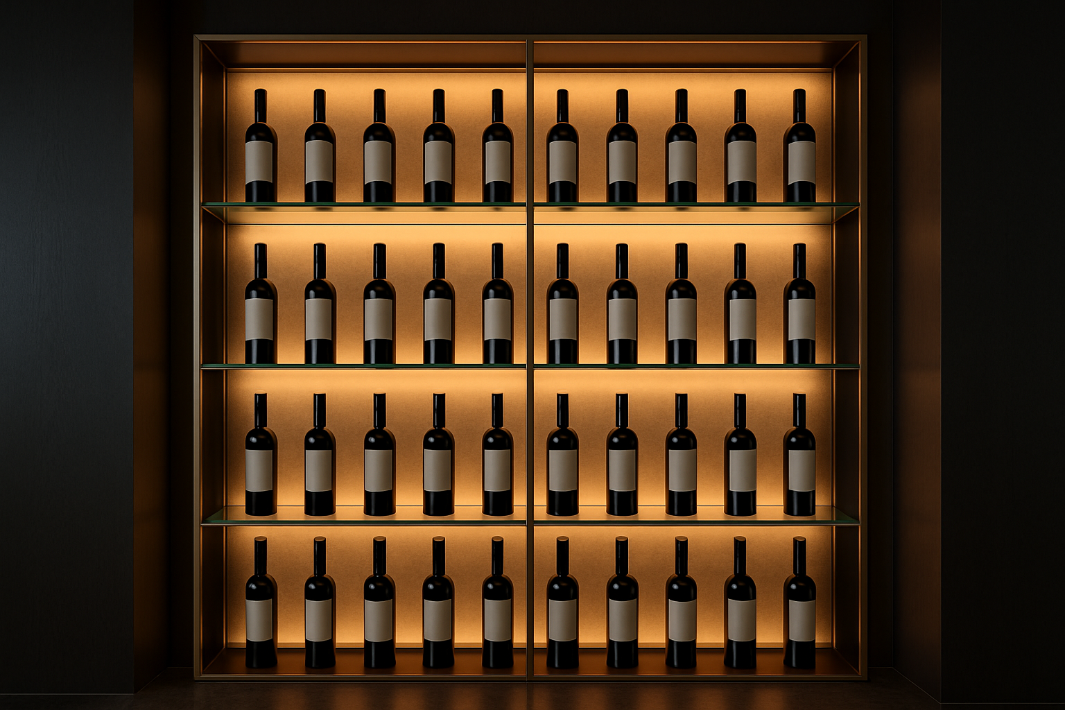 Backlit wall of wine bottles and glass shelves