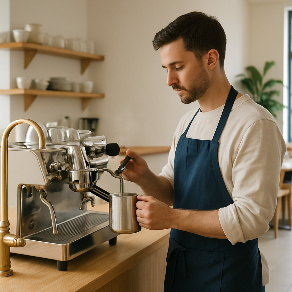 Barista in a navy apron steaming milk behind a light wood coffee bar with brass fixtures