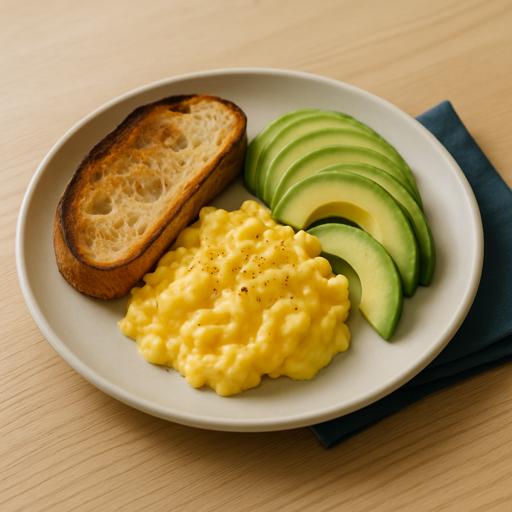 Breakfast plate with sourdough toast, soft scrambled eggs, and avocado on a matte beige ceramic dish
