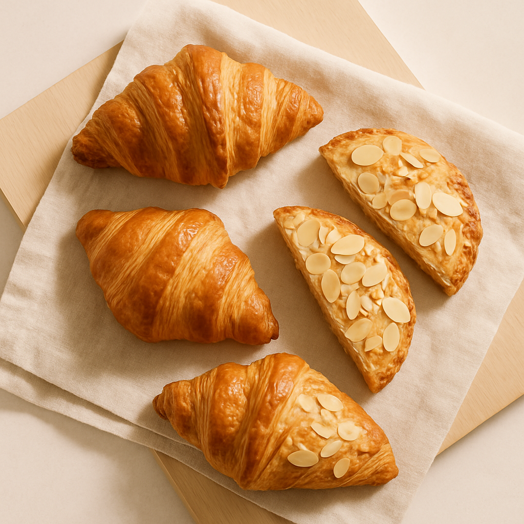 Golden flaky butter croissants and almond pastries arranged on a pale linen cloth