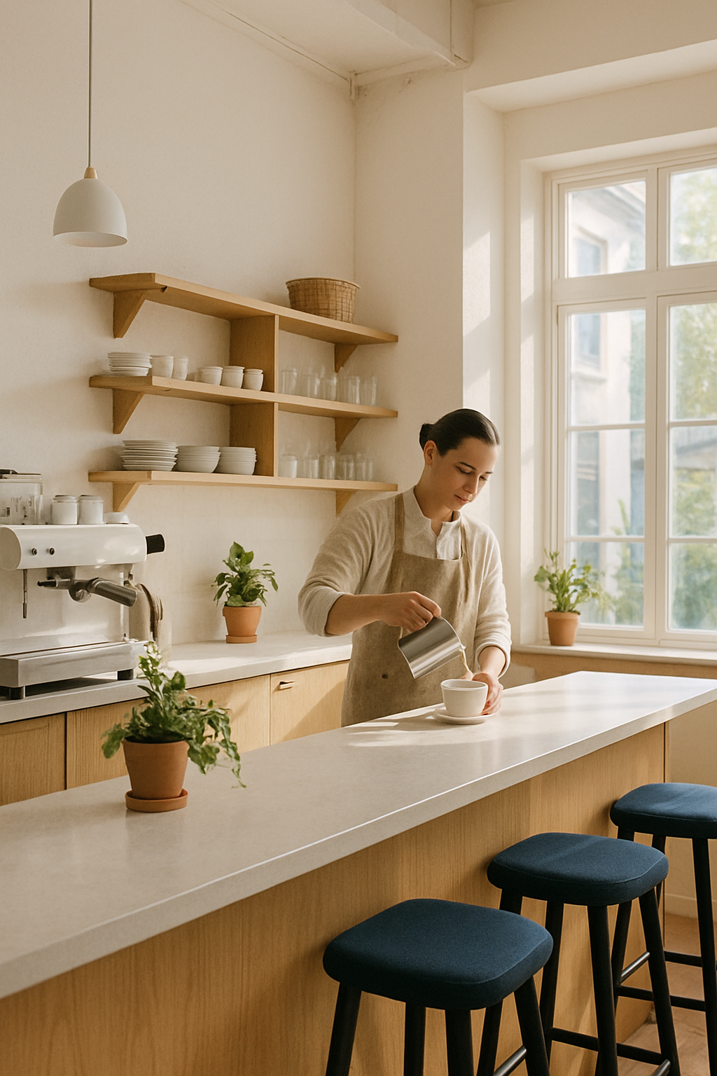 Sunlit Scandinavian cafe interior with light oak wood counter, off-white walls, and a barista pouring coffee