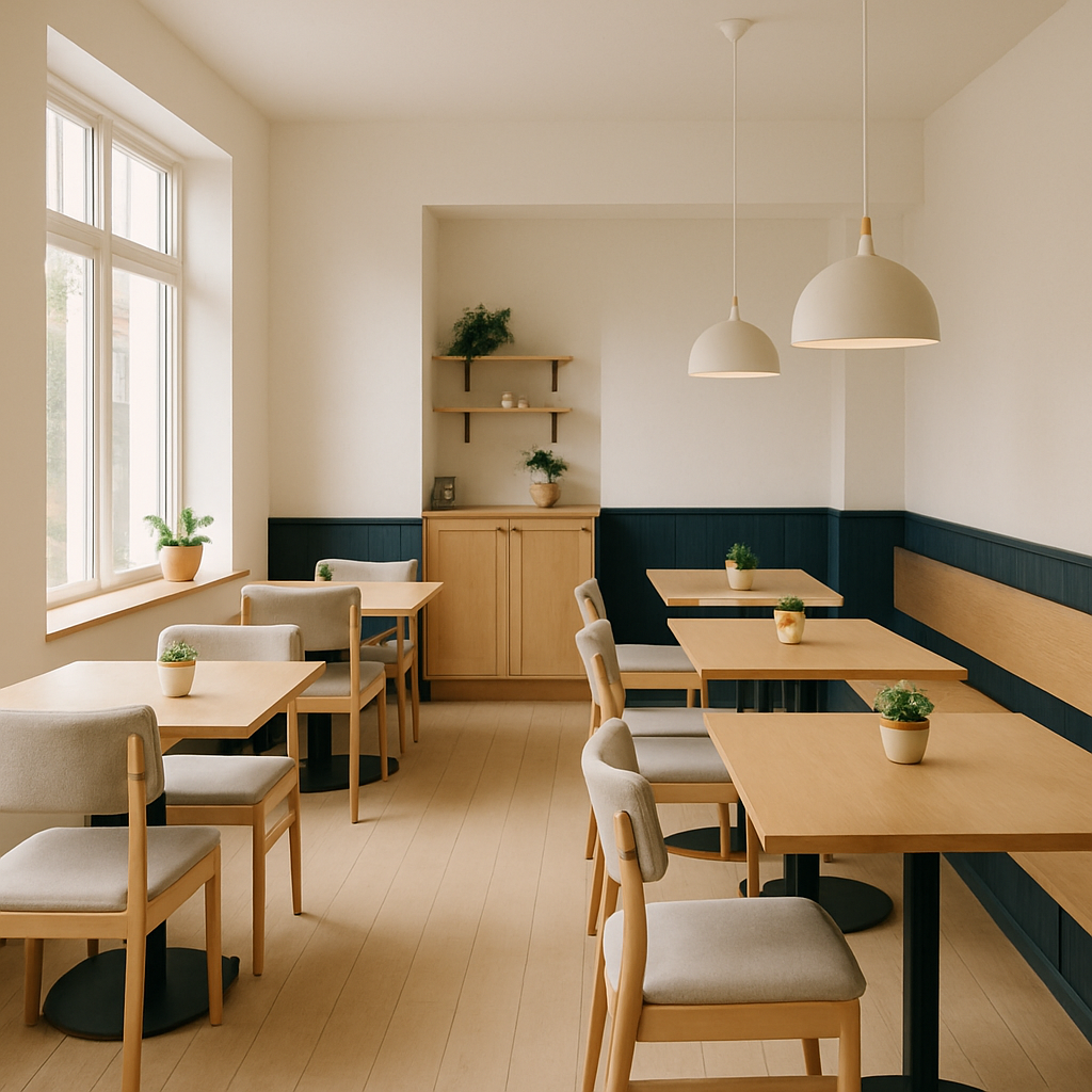 Bright Scandinavian cafe interior with light wood tables, off-white walls, and soft daylight pouring through large windows