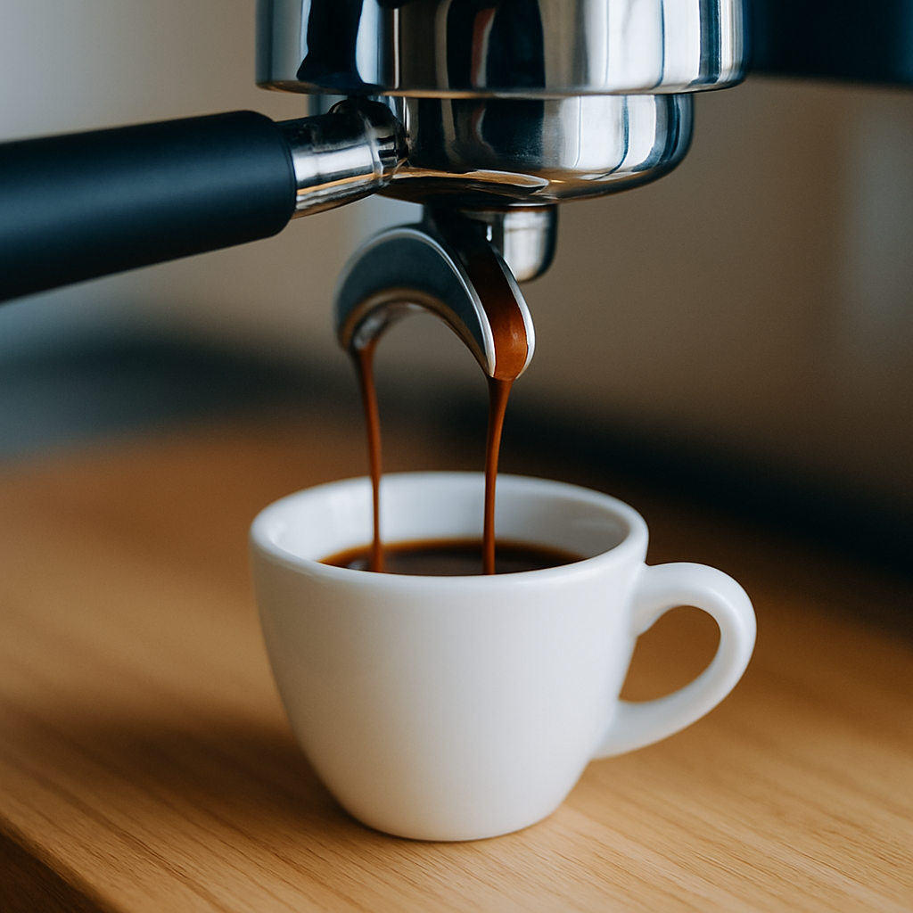Close-up of dark espresso pouring into a small white ceramic cup on a light wood counter