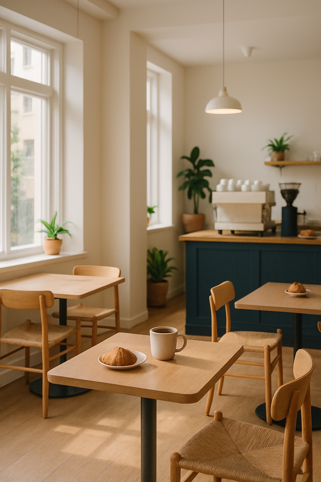 Bright Scandinavian-style cafe interior with light wood furniture and morning sunlight