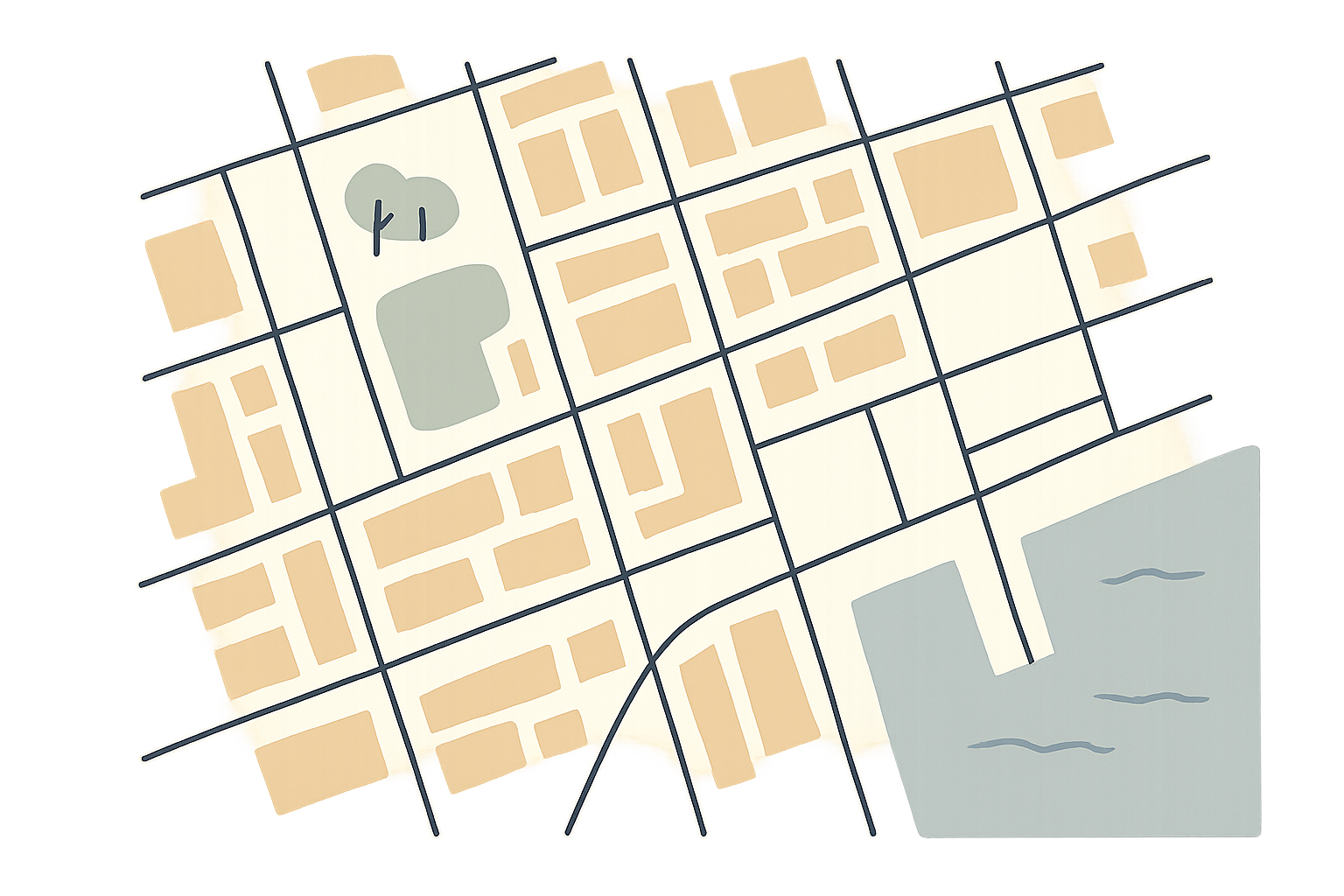 Stylized map showing North Dock Coffee location in the Harbor District