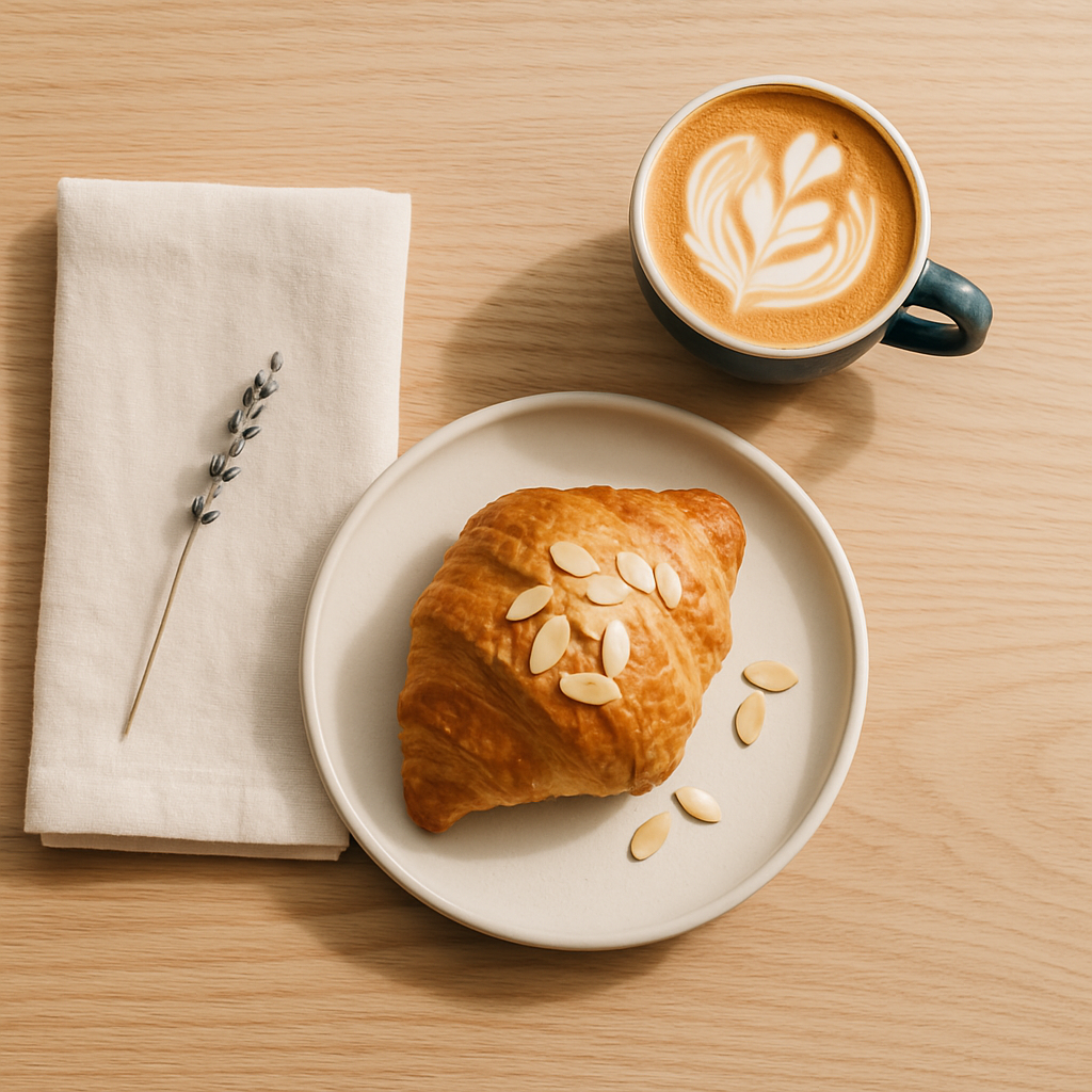 Overhead view of a light wood cafe table with a flat white in a stoneware cup, an almond croissant on a small plate, and morning light streaming across off-white linen