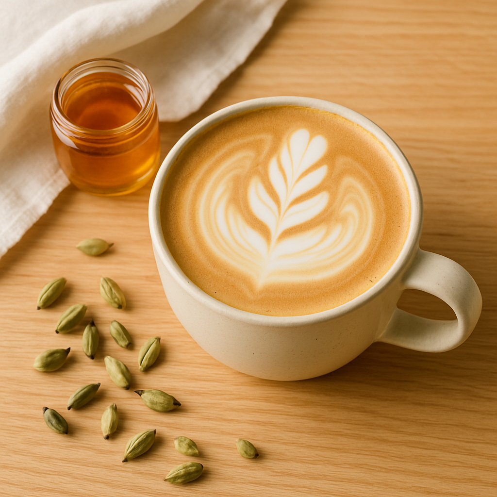 Honey cardamom latte in a cream ceramic cup with foam art on a light wood table