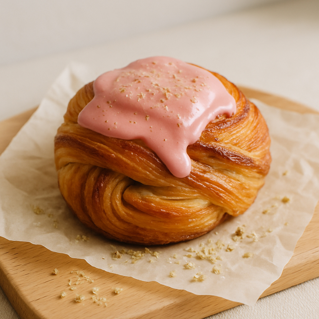 Freshly baked rhubarb cardamom bun with pink glaze on parchment paper