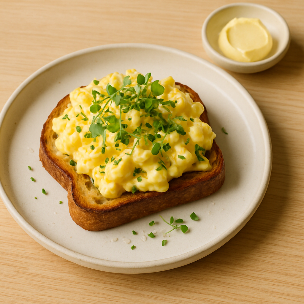 Soft scrambled eggs on sourdough toast topped with chives and microgreens on a cream plate