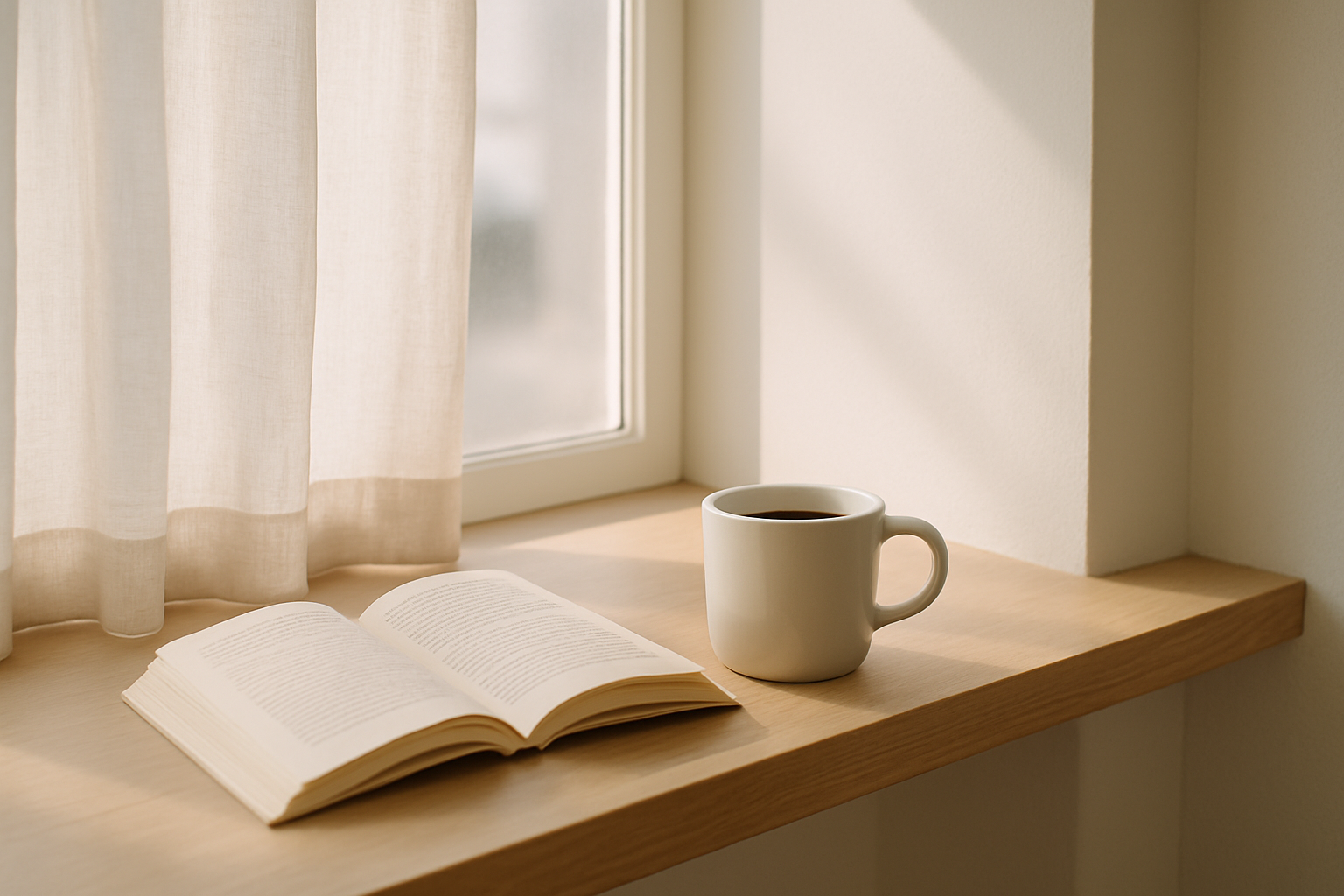Sunlit window seat with a single ceramic mug and an open book on a pale oak ledge, soft morning light streaming in