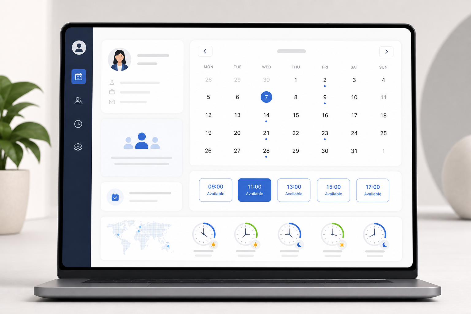 Clean recruiter scheduling dashboard showing interview time slots across multiple time zones