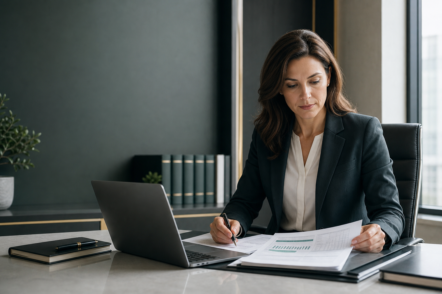 Professional woman consultant reviewing audit documents in a modern office setting