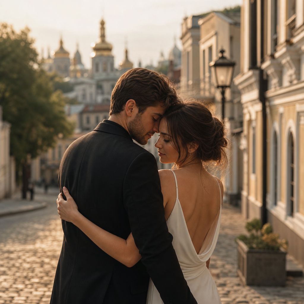Couple embracing on a quiet Kyiv street in warm evening light
