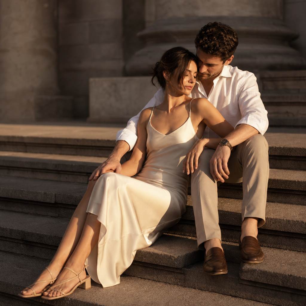 Couple seated on stone steps with cinematic sunlight