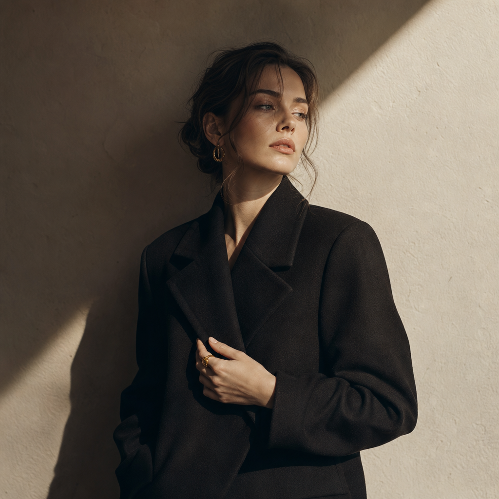 Model in structured coat with editorial lighting against textured wall