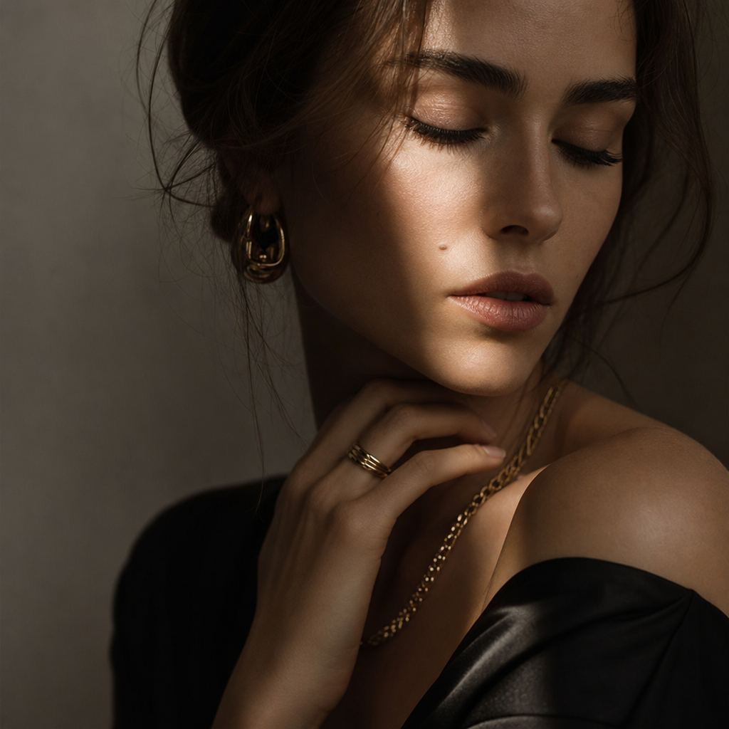 Editorial portrait with dramatic shadow and muted gold accessories