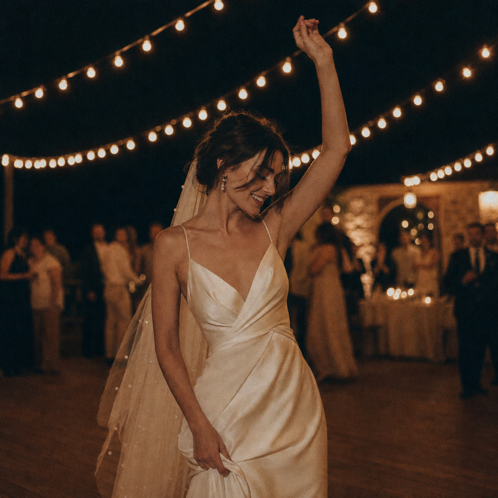 35mm film still of bride dancing under warm string lights