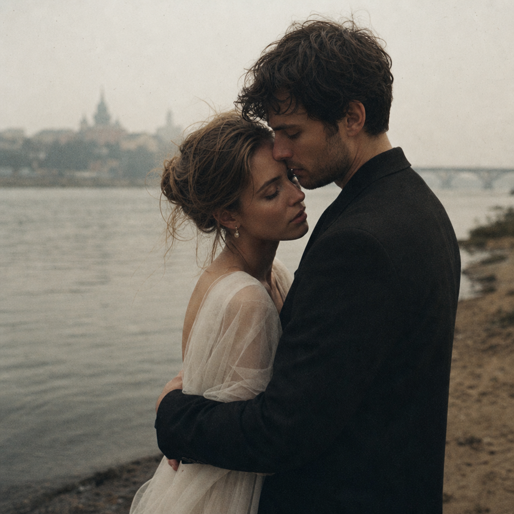 Grainy film portrait of a couple by a misty river