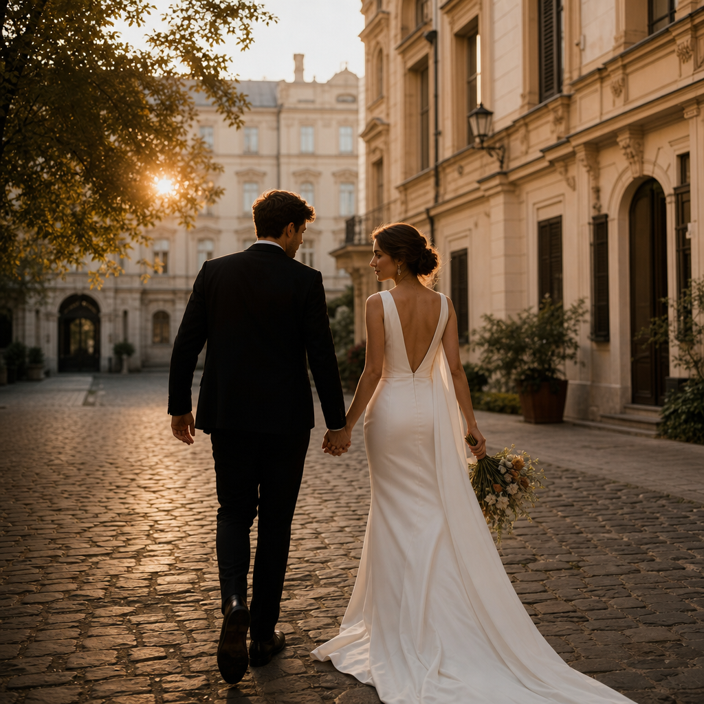 Bride and groom walking through a Kyiv courtyard at dusk