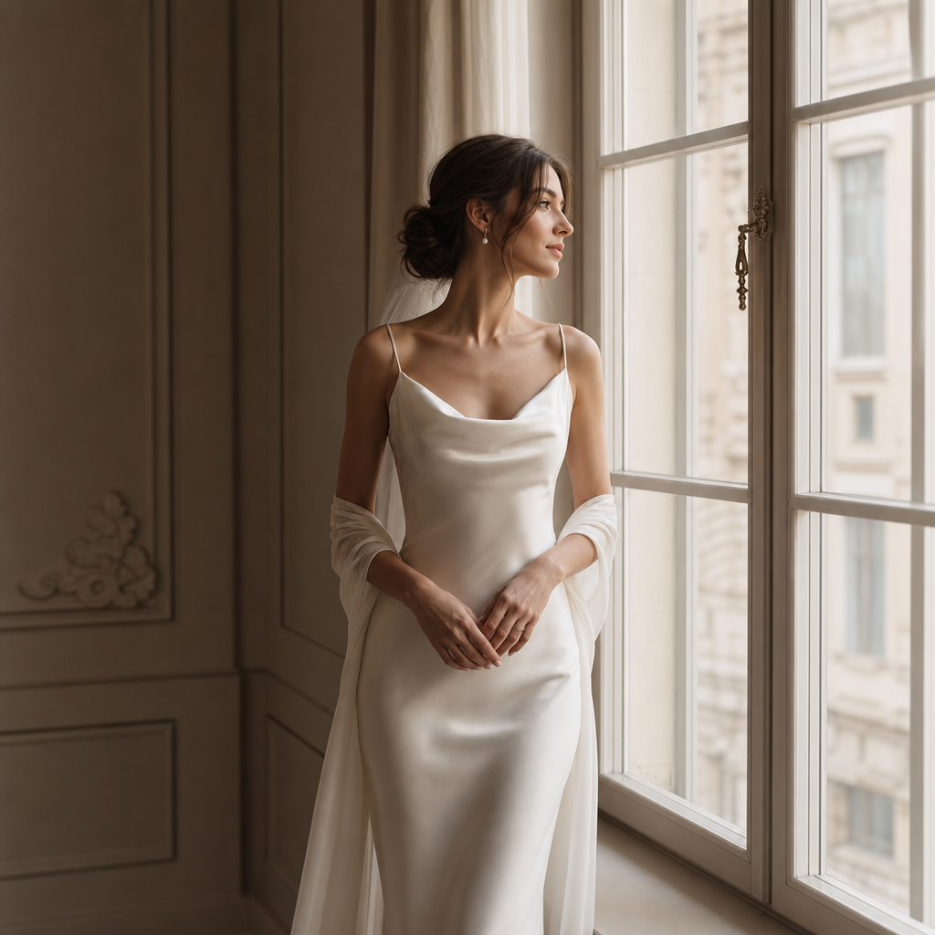 Elegant bride in silk gown beside a window with soft light