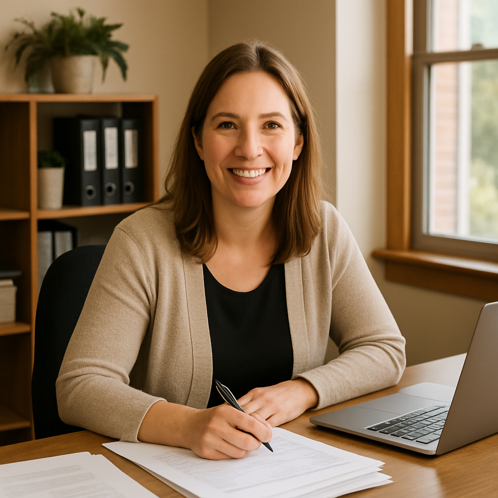 Friendly bookkeeper smiling across a tidy small-town office desk with paperwork and a laptop