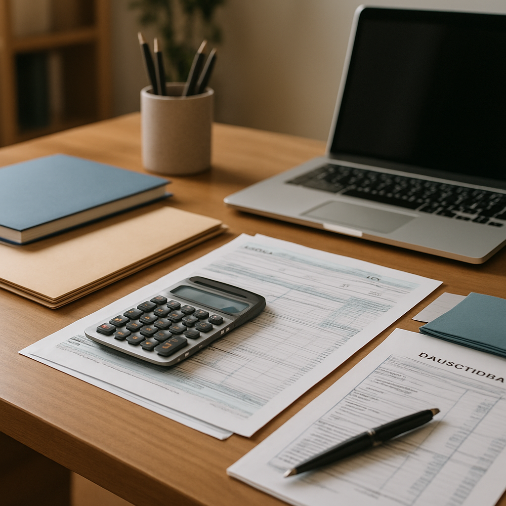 Friendly bookkeeper in a small-town office reviewing papers and a laptop