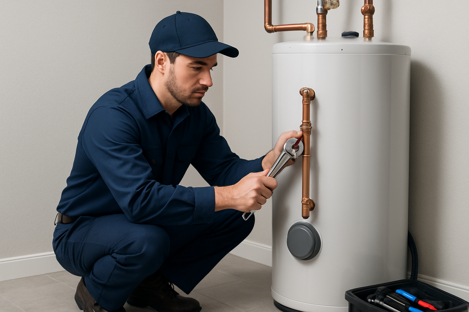Professional plumber in a navy uniform kneeling beside a home water heater, checking connections with a wrench, clean utility room, reassuring service scene