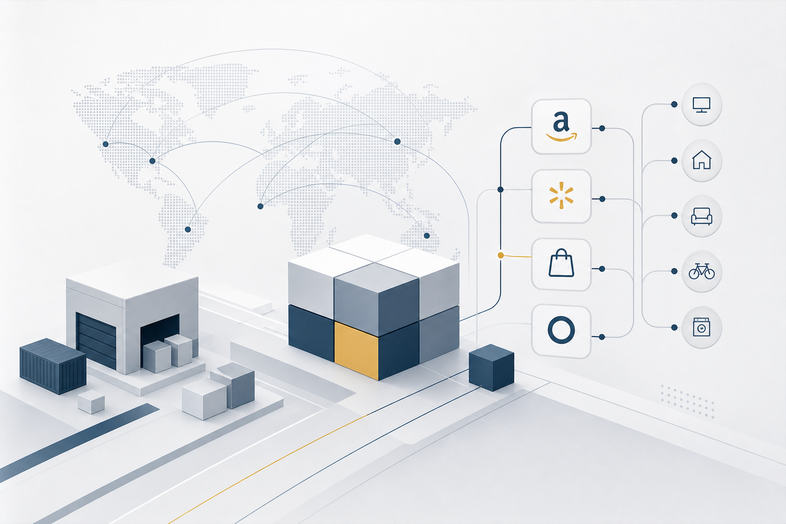Abstract business illustration showing global trade routes, organized logistics blocks, and multi-category marketplace flow in a restrained corporate style