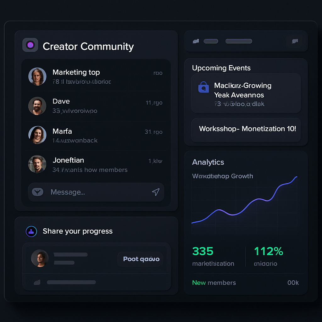 Creator community hub interface with chat threads, event cards, and growth charts
