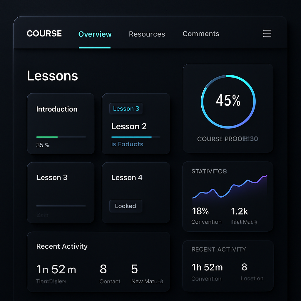 Dark themed course dashboard preview with lesson tiles and progress widgets