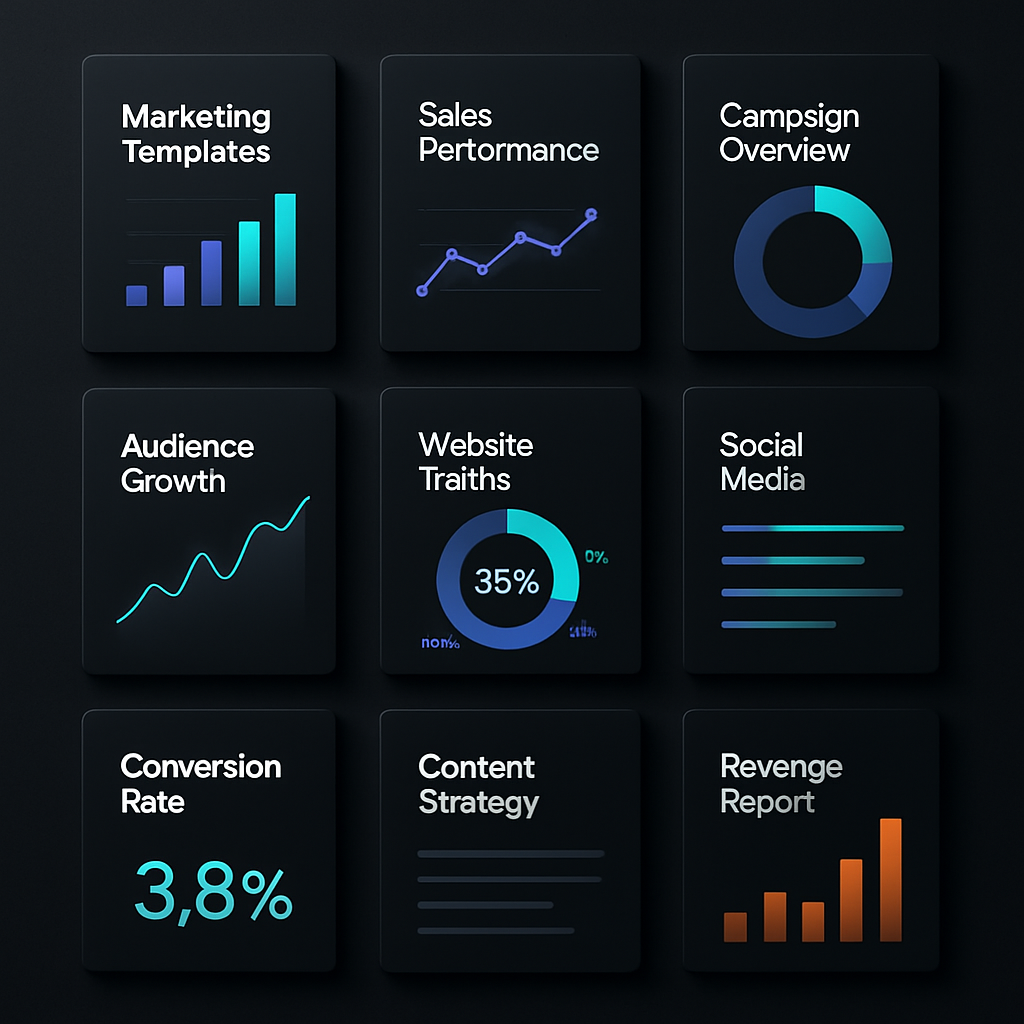 Grid of sleek marketing templates with dark backgrounds and neon accent charts