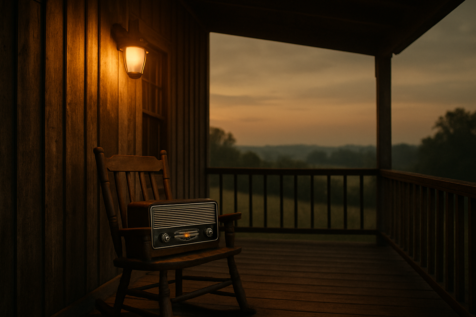 Peaceful Southern porch at dusk with warm lamplight, a vintage tabletop radio, and a reflective faith-centered atmosphere